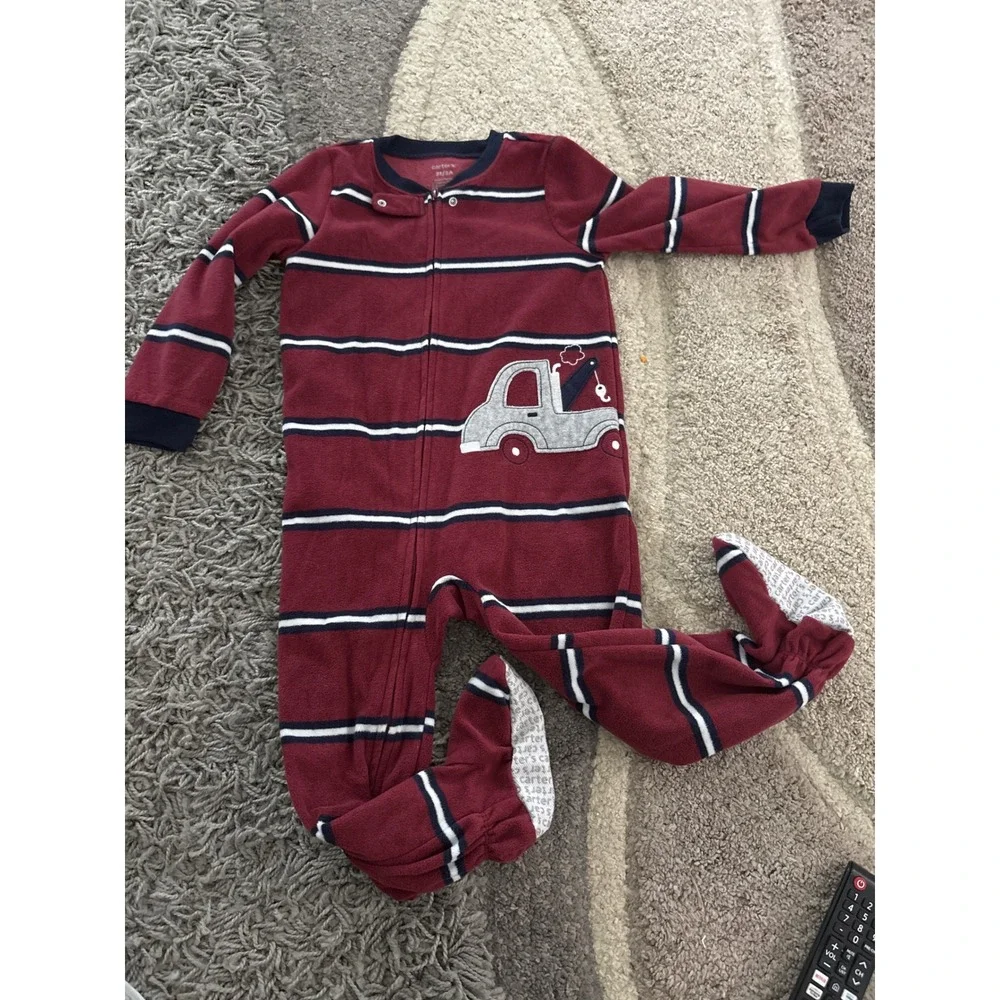 29. Carters Boy 3T Fleece Footed Pajamas Burgundy Navy Stripe Tow Truck PJs